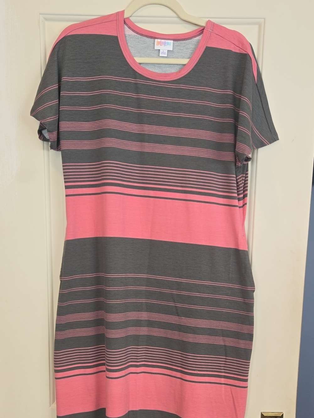LuLaRoe Pink and Gray Striped Midi Dress